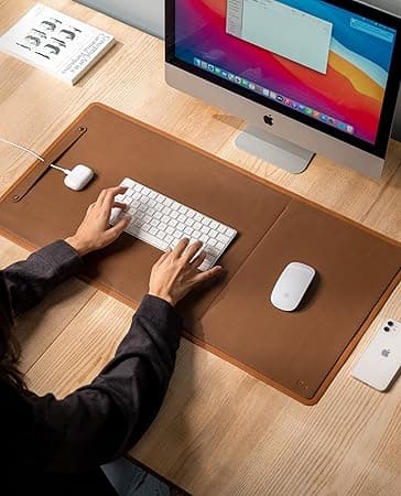 DailyObjects Dart Large Premium Vegan Leather Desktop/Laptop Desk Mat for Work from Home/Office/Gaming | Cable Organiser & Hideway Storage | Extended Mousepad & Water-Resistant - Tan - Model - R2